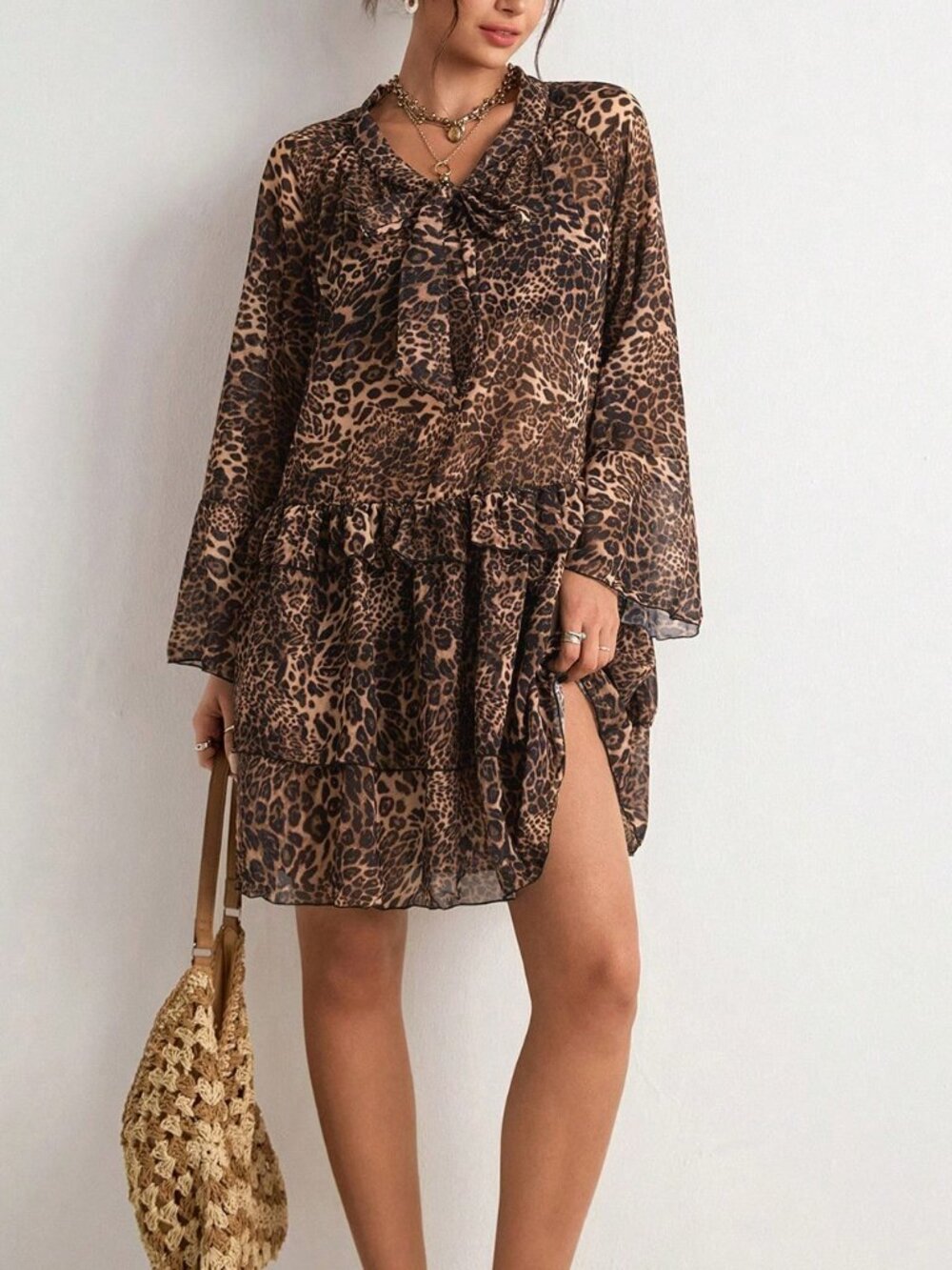 Brown Leopard Print Chiffon Women's Tie V-Neck Layered Ruffle dres